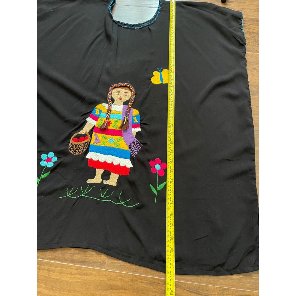 Handmade Mexican Folk Art Embroidered Blouse Black Boho Huipil Tunic Top - Picture 4 of 5